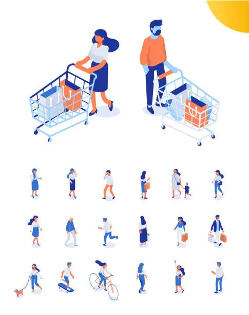 Vector illustration of Shopping isometric people. Isometric Women and men characters with shopping bags and shopping carts isolated on white.