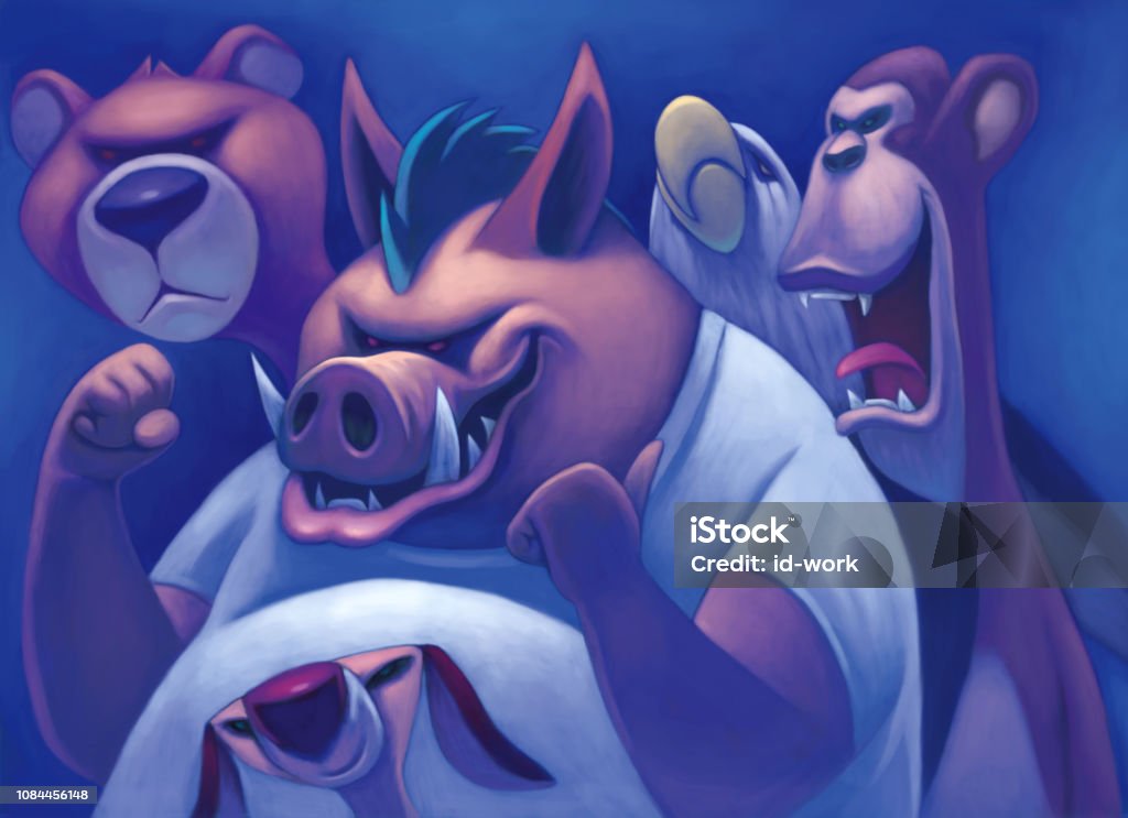 wild boar and friends gathering digital painting / raster illustration of wild boar and friends gathering Humor stock illustration