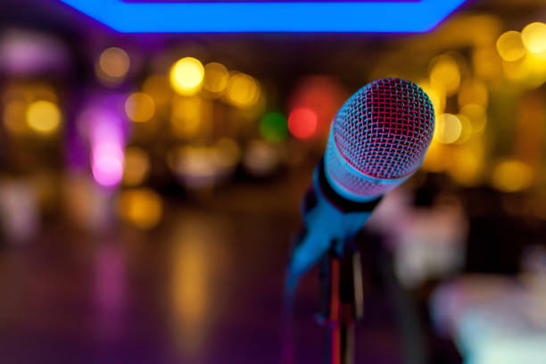 istock The microphone against the background of restaurant 1084456532