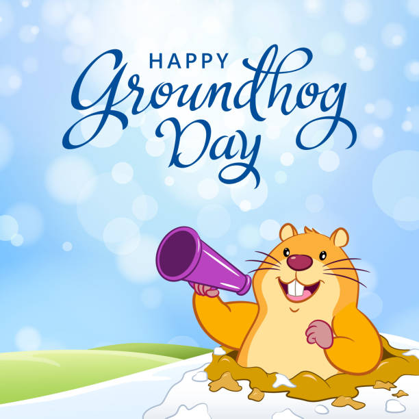 Groundhog Day Announcement Marmot coming out of burrow and holding loud speaker and making announcement on Groundhog Day alpine marmot (marmota marmota) stock illustrations