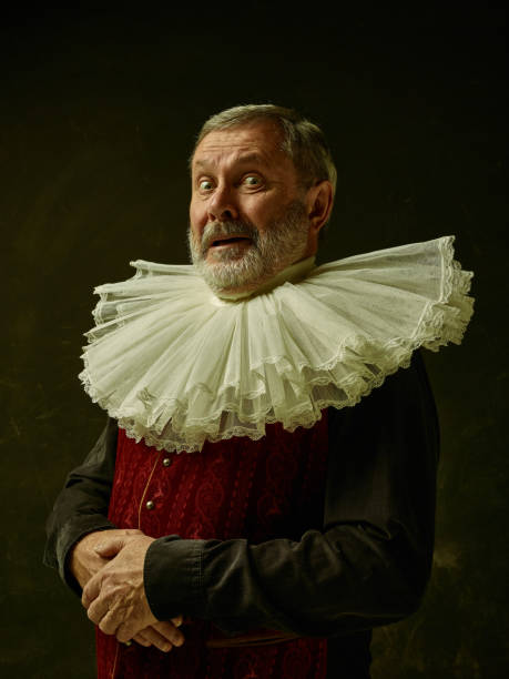 Official portrait of historical governor from the golden age. Studio shot against dark wall. Official portrait of historical governor from the golden age with corrugated round collar. Studio shot against dark wall. renaissance style stock pictures, royalty-free photos & images