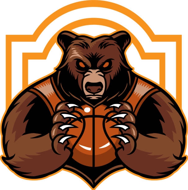 Bear basketball The illustration shows a bear that is playing basketball. He is wearing a basketball uniform, his fur is brown, his claws are sharp and his face is angry. He's ready to play hard. abhor stock illustrations