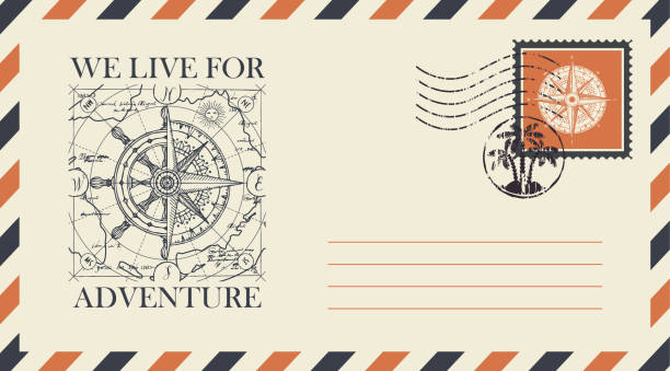 ilustrações de stock, clip art, desenhos animados e ícones de postal envelope on the theme of travel with stamp - drawing compass compass rose direction sea