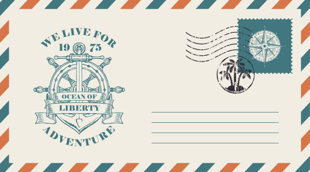 Postal envelope on the theme of travel with stamp Postal envelope with postage stamp and postmark in retro style. Illustration on the theme of travel with a vintage ship anchor, helm and ribbons with words Ocean of liberty, We live for adventure. anchor free pic stock illustrations