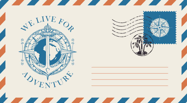 illustrations, cliparts, dessins animés et icônes de enveloppe postale sur le thème du voyage avec timbre - map compass old globe