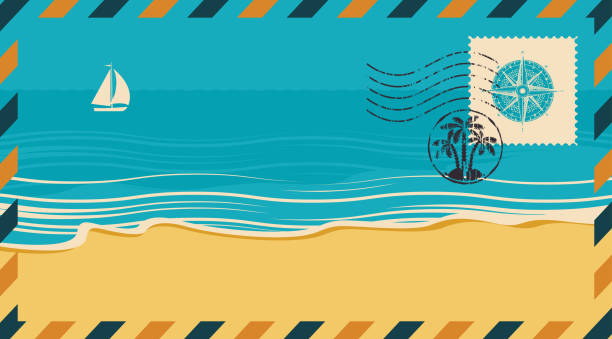 우표와 함께 여행의 주제에 우편 봉투 - floating on water travel backgrounds beaches travel locations stock illustrations