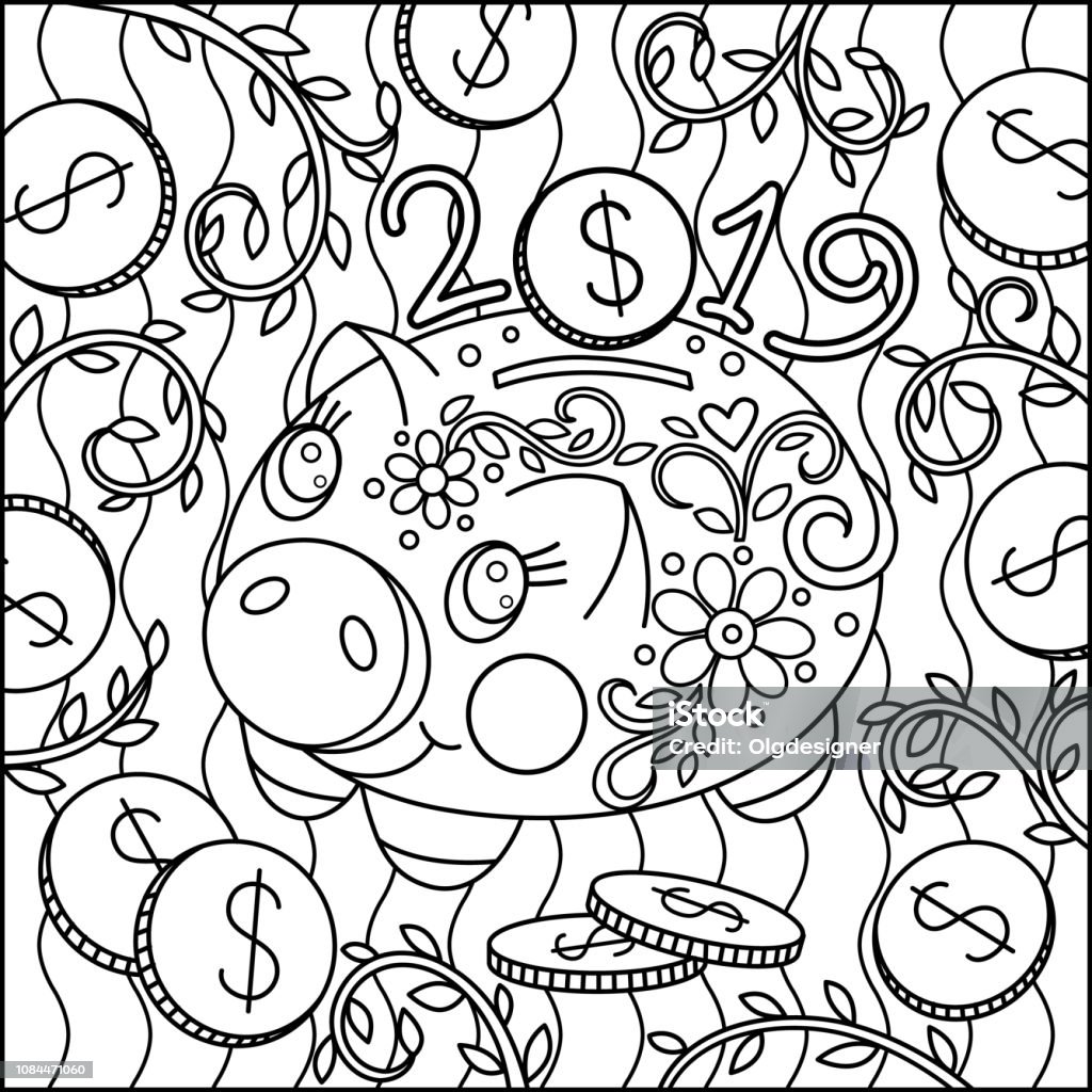Creative cartoon cute pig coloring page Graphical money box cartoon piggy. Symbol of New year 2019. Vector illustration. Coloring stock illustration