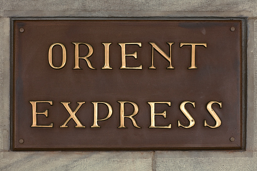 Istanbul, Turkey - September 23, 2015: Orient Express Signboard. The Orient Express, whose rich history has lent itself to the plots of many novels and films, which passing through Vienna, Budapest and Varna reached Istanbuls Sirkeci Terminal in Turkey on September 23, 2015.