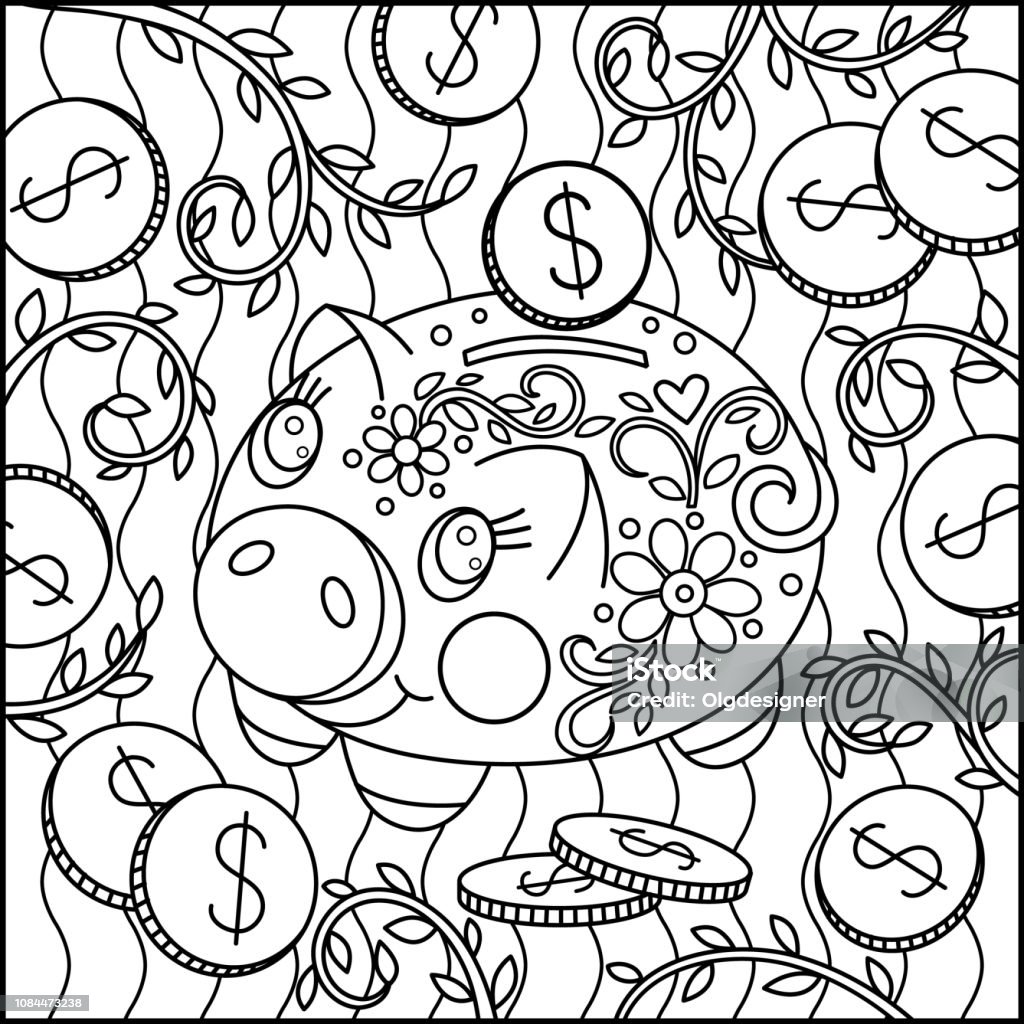 Cute cartoon pig coloring page Graphical money box piggy on floral background. Vector illustration. Coloring stock vector