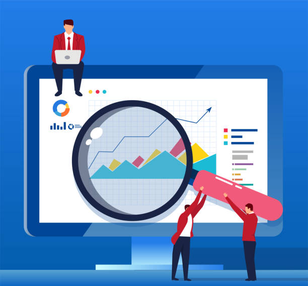 analysieren von daten mit einer lupe vor dem computerbildschirm - currency global communications technology currency symbol stock-grafiken, -clipart, -cartoons und -symbole