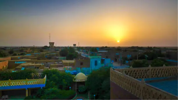 Aerial sunrise panoramic view to Agadez old city at Air, Niger