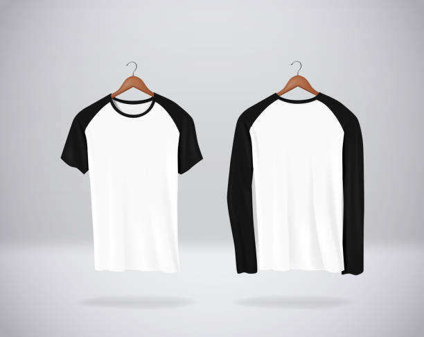 istock Long and short sleeve Baseball T-Shirts Mock-up clothes hanging isolated on wall, blank front and rear side view. 1084498106