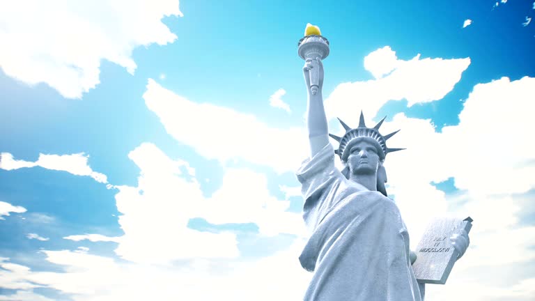 Statue of Liberty closeup on the background of blue sky