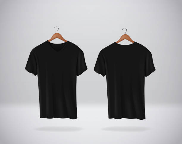 istock Black T-Shirts Mock-up clothes with V neck hanging isolated on wall, blank front and rear side view. 1084498450