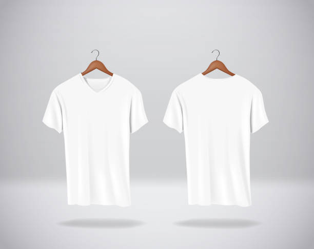 istock White T-Shirts Mock-up clothes with V neck hanging isolated on wall, blank front and rear side view. 1084499312