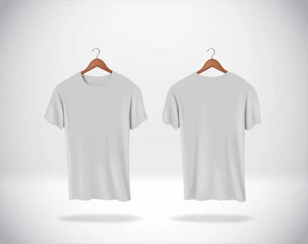 Vector illustration of Gray T-Shirts Mock-up clothes hanging isolated on wall, blank f