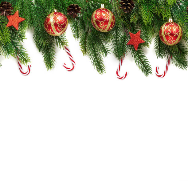 istock Christmas tree branches with decoration isolated on white background. 1084500562