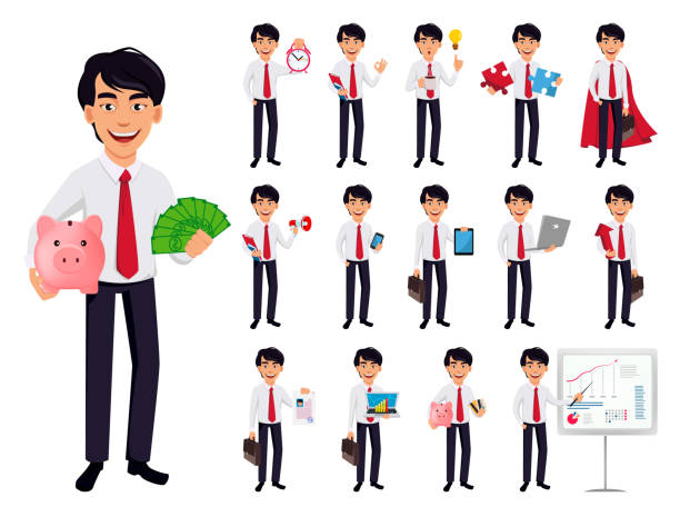 ilustraciones, imágenes clip art, dibujos animados e iconos de stock de hombre de negocios asiático, concepto del personaje de dibujos animados - group of objects business human resources laptop