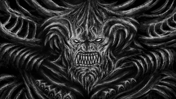istock Huge monster with horns. Black and white color. 1084506320