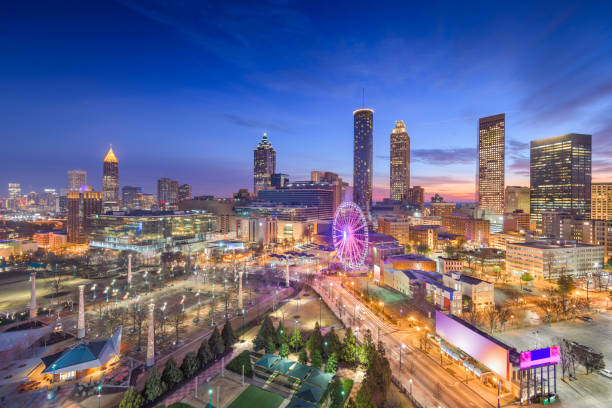 Atlanta, Georgia, USA Dawn Skyline Atlanta, Georgia, USA downtown skyline at dawn. ferris wheel stock pictures, royalty-free photos & images