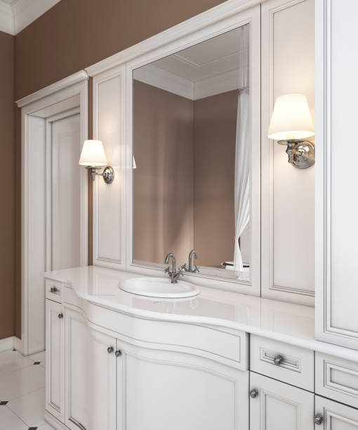 istock Beautiful white vanity, contemporary classic styled clean white bathroom. 1084515924