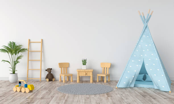 istock Teepee in child room interior for mockup, 3D rendering 1084516836