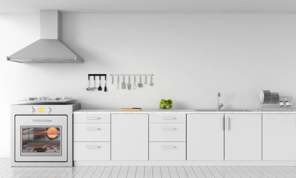istock Modern white kitchen countertop with gas stove for mockup, 3D rendering 1084517102