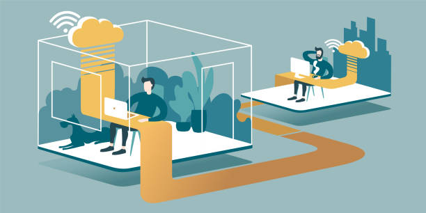 Remote work with cloud technology Technical Illustration explaining how cloud computing enhancing our ability to work anywhere. Isometric layout explaining the principle of remote work in the office through the cloud. in the middle of nowhere stock illustrations