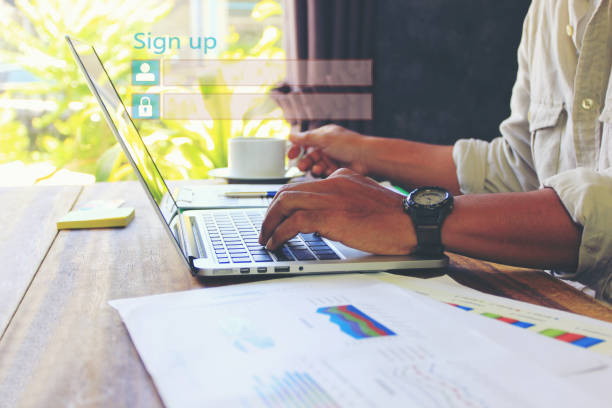 istock Business man using laptop computer and sign up or log in username password in home office,GDPR.cyber security and privacy concept 1084519446