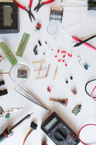 istock Electrician and plumber tools, electrical parts and components with accessories, isolated white background. DIY, do it yourself concept 1084526268