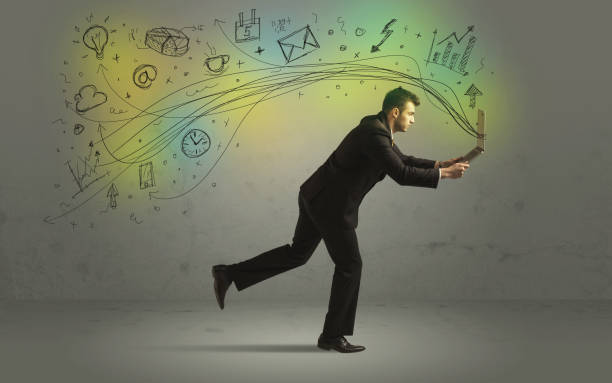 istock Business man in a rush with doodle media icons 1084529578