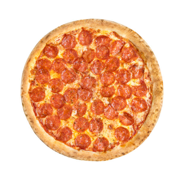 istock Pizza Pepperoni top view isolated on white background 1084529684