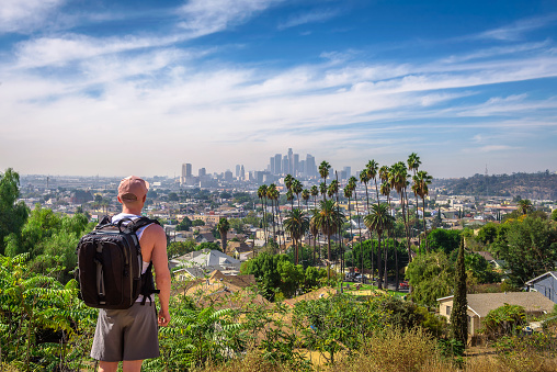 Tourist looking at the downtown panorama of Los Angeles in California with beautiful palm trees in the foreground.