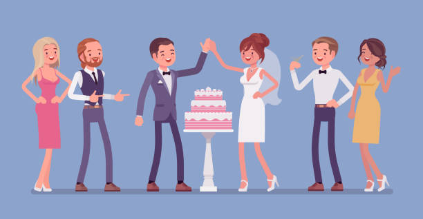 Wedding cake in three tiers, served for newlywed at reception Wedding cake in three tiers, served for newlywed at reception. Bride and groom at marriage ceremony for friends and relatives, traditional cutting and eating. Vector flat style cartoon illustration guest stock illustrations