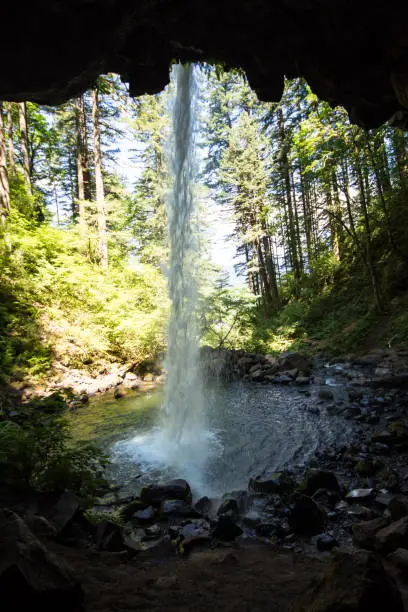 Back cave view of Ponytail Falls in the Columbia River  Gorge waterfall area of Oregon
