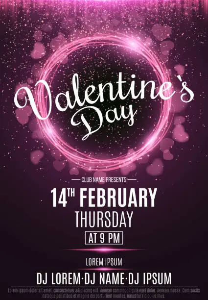 Vector illustration of Happy Valentine's Day party flyer. Neon glowing pink banner with flying blurred hearts. Twisted stripes. DJ and club name. Magical falling dust. Vector illustration. EPS 10