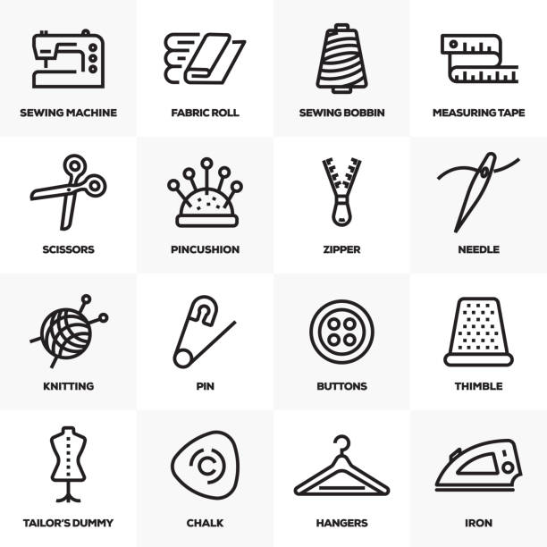 ilustraciones, imágenes clip art, dibujos animados e iconos de stock de costura línea icons set - needle craft tailor sewing