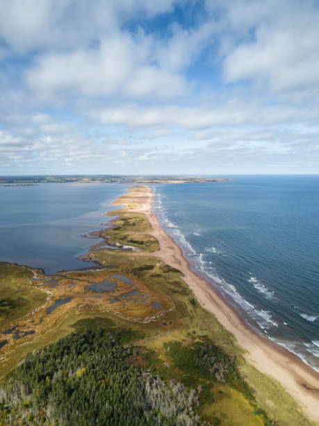 PEI Aerial Aerial view of a beautiful sandy beach on the Atlantic Ocean. Taken in Cavendish, Prince Edward Island, Canada. cavendish beach stock pictures, royalty-free photos & images