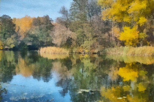 Watercolor drawing landscape with a river in the forest