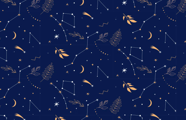 Constellations seamless pattern. Night background with stars, planents and leaves Constellations seamless pattern. Fantasy, night background with stars, planents and leaves moon patterns stock illustrations