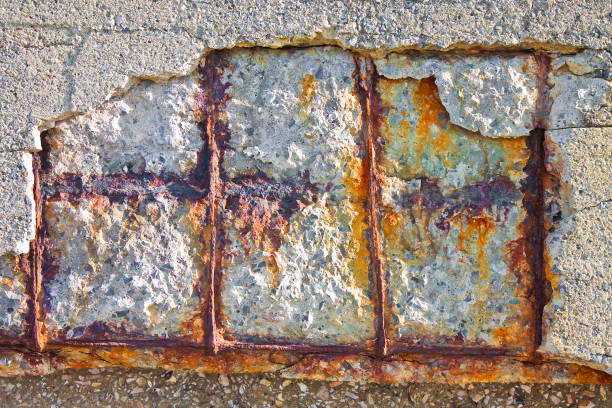 Reinforced concrete with damaged and rusty metallic reinforcement