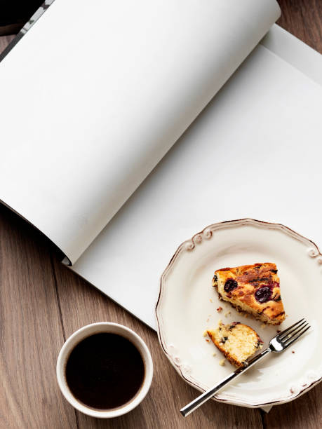 Blank white page magazine, cake and cofee,