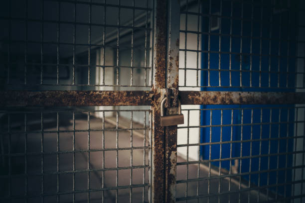istock Close-up of rusty metal gate, locked with a padlock 1084565810