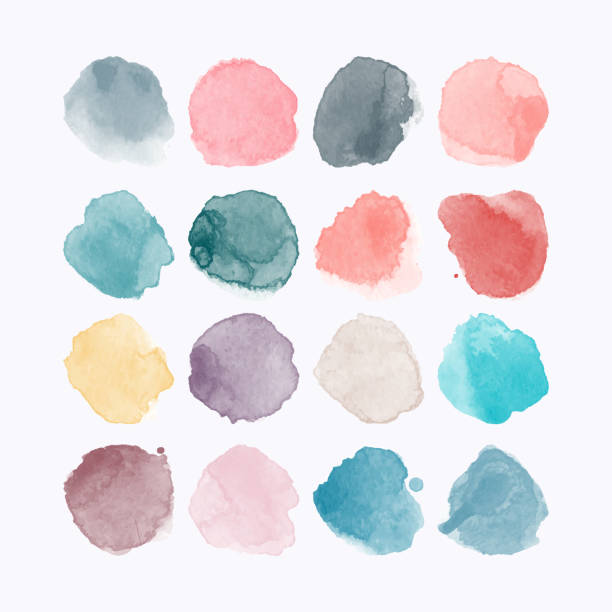 Set of colorful watercolor hand painted round shapes, stains, circles, blobs isolated on white. Illustration for artistic design vector art illustration