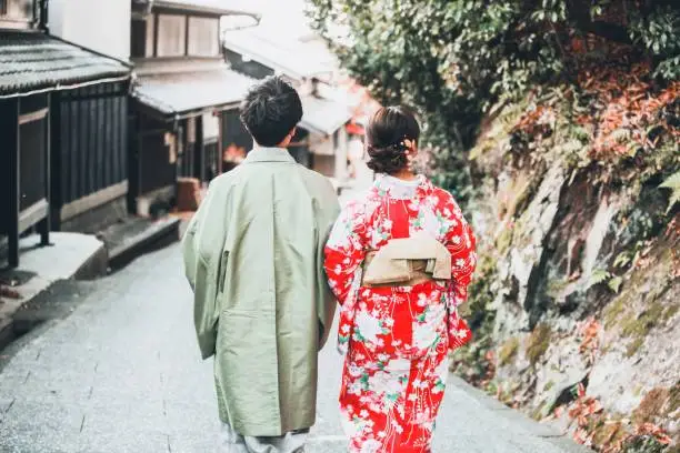 Japanese couple are wearing the Japanese traditional kimono