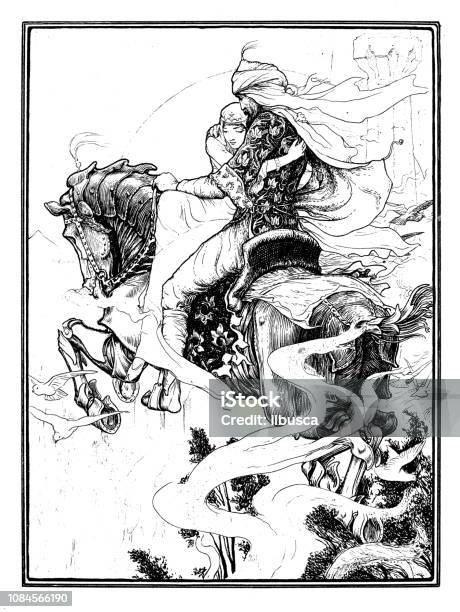 Antique Art Nouveau Liberty Engraving Illustration From Arabian Nights Fable Book Stock Illustration - Download Image Now