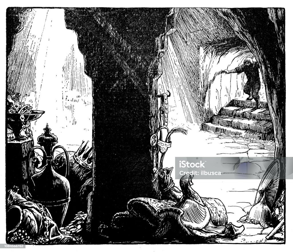 Antique art nouveau liberty engraving illustration from Arabian Nights fable book: Ali Baba Cave stock illustration