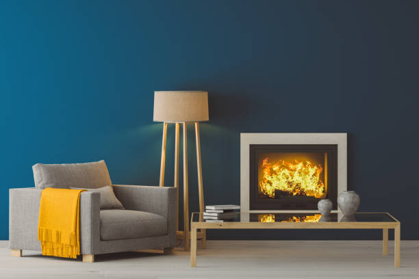 Winter Modern Living Room 3D render image of interior design with fireplace. Scandinavian style living room. fireplace and armchair stock pictures, royalty-free photos & images