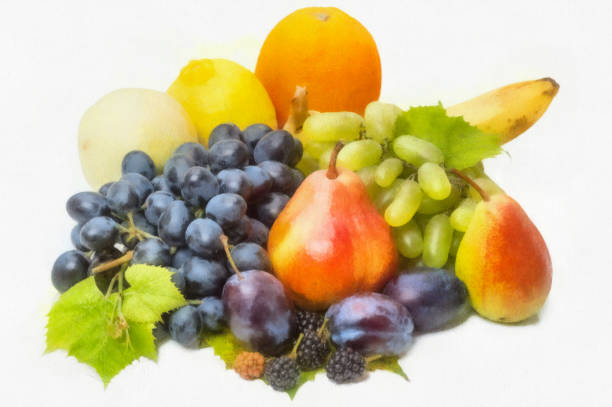 Watercolor drawing heap different fruits on white