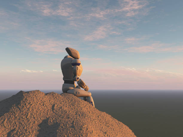 3d illustration of a robot sitting on a rock